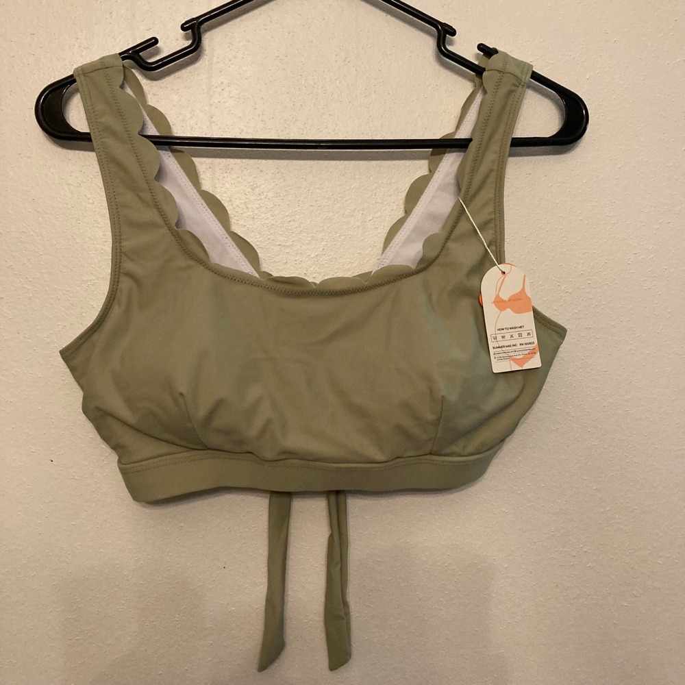 Summer Mae Bikini Top Womens 6/8 Sage Green NEW Scalloped Tie Back Swimwear